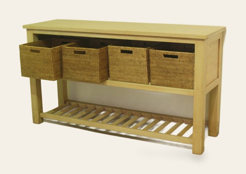 Linen basket sideboard, angle view with basket out — handmade by Bryn Hall in Suffolk