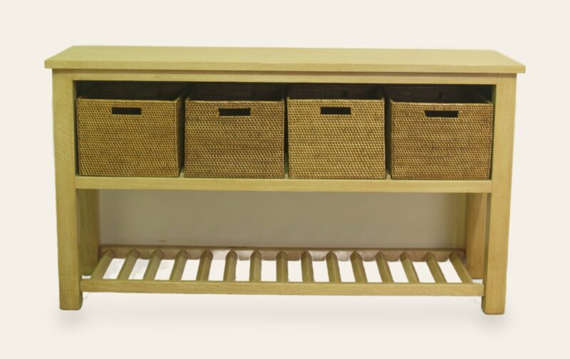 Linen basket sideboard, front view — handmade by Bryn Hall in Suffolk