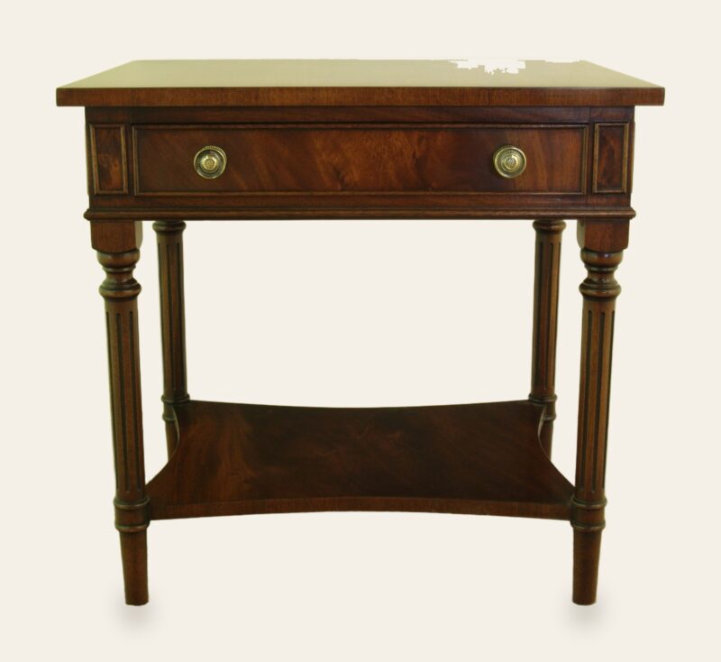 Mahogany end table, front view — handmade by Bryn Hall in Suffolk