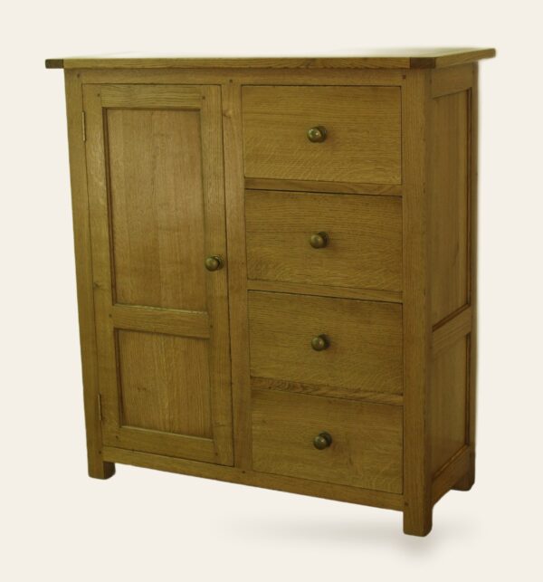 One door cupboard with for drawer down side, angle view — handmade by Bryn Hall in Suffolk