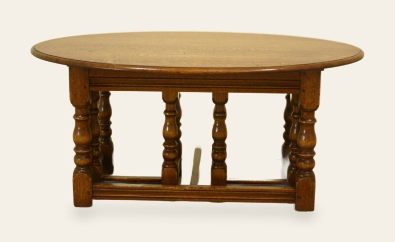 Oval top nest of tables, front view — handmade by Bryn Hall in Suffolk