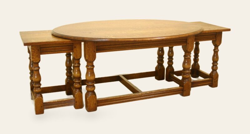 Oval top nest of tables open — handmade by Bryn Hall in Suffolk