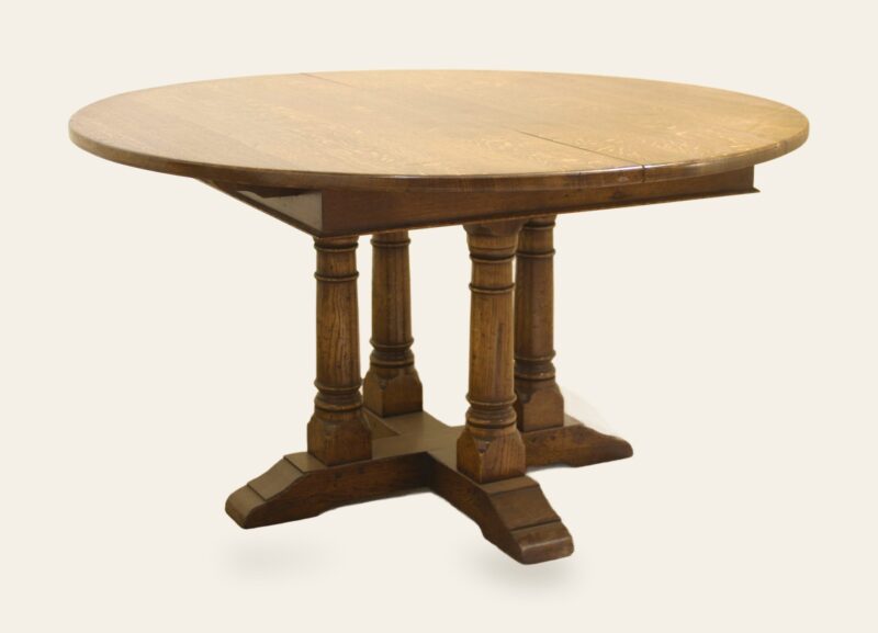 Round cross stretcher monks table 344 leave out, angle view — handmade by Bryn Hall in Suffolk