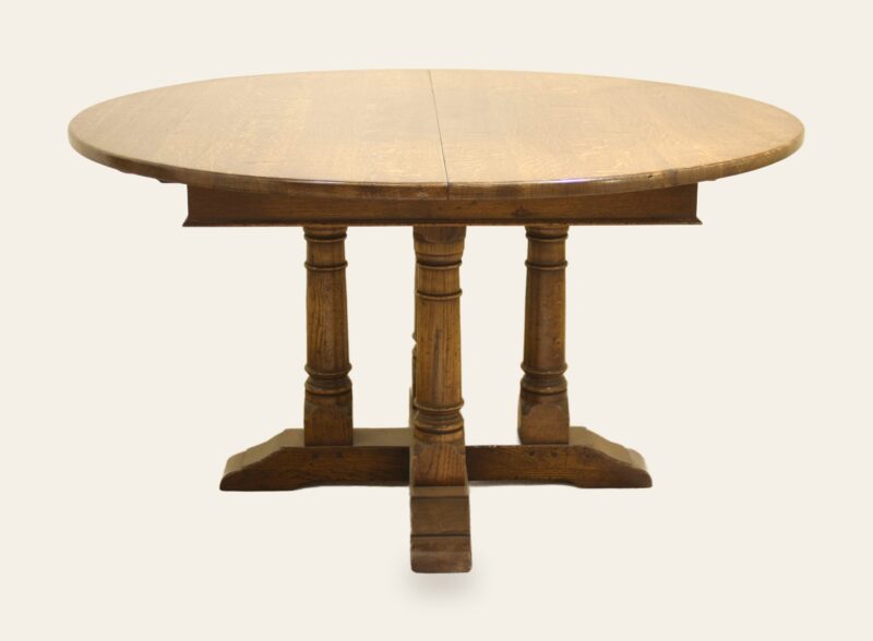 Round cross stretcher monks table 344 leave out, front view — handmade by Bryn Hall in Suffolk