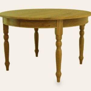 Round kitchen table with two leaves 314a, angle view — handmade by Bryn Hall in Suffolk