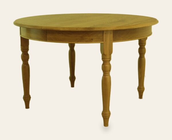 Round kitchen table with two leaves 314a, angle view — handmade by Bryn Hall in Suffolk