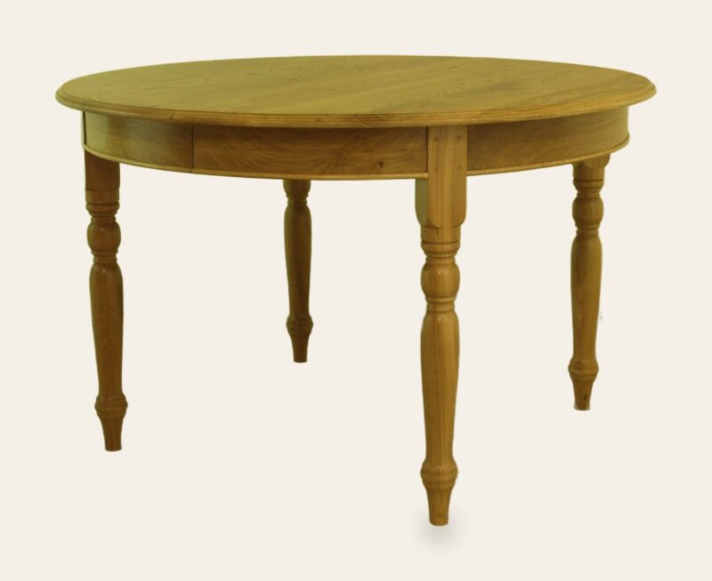 Round kitchen table with two leaves 314a, angle view — handmade by Bryn Hall in Suffolk