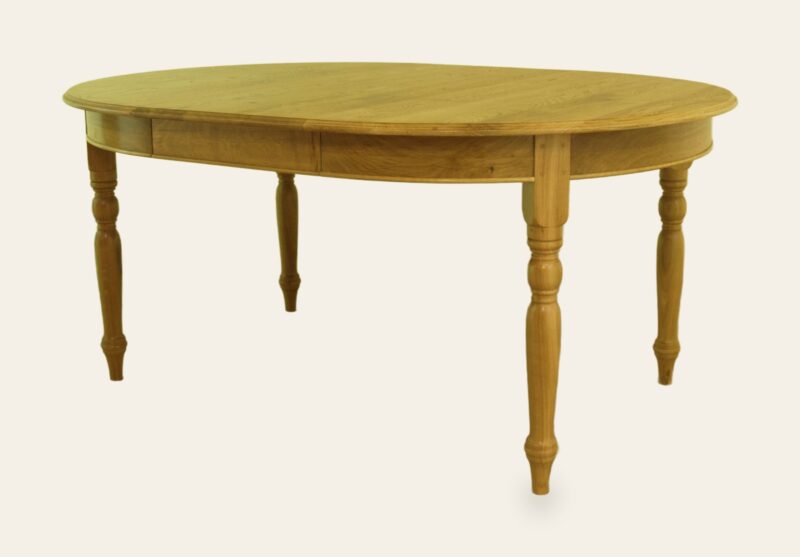 Round kitchen table with two leaves 314a one leave in, angle view — handmade by Bryn Hall in Suffolk