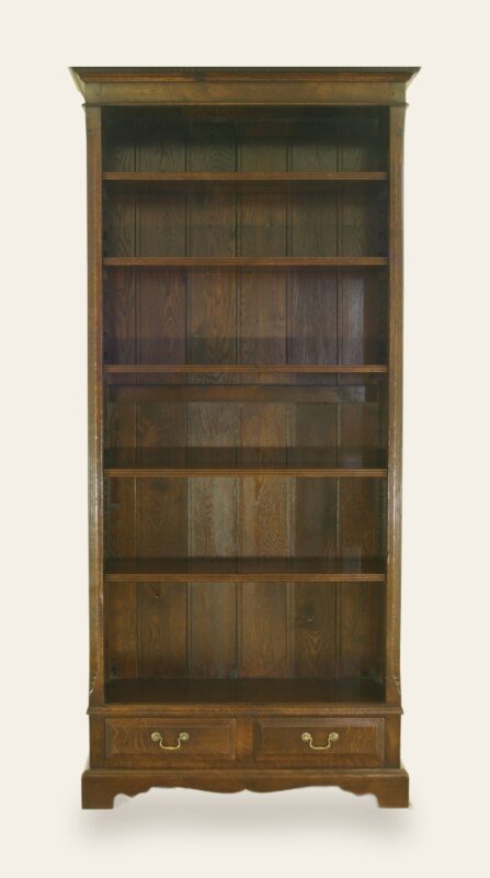 Single bookcase two drawers handmade handels, front view — handmade by Bryn Hall in Suffolk