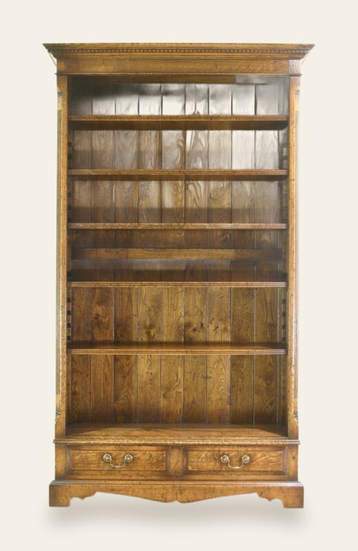 Single bookcase with drawers 116a, front view — handmade by Bryn Hall in Suffolk