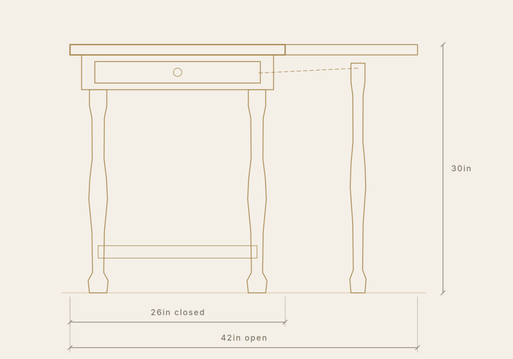 Single gateleg table with drawer — measured front elevation