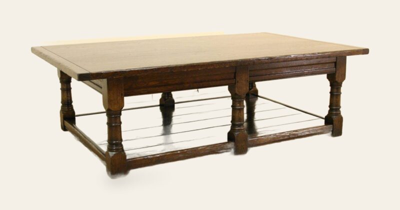 Six leg coffee table with potboard, angle view — handmade by Bryn Hall in Suffolk