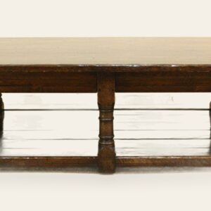 Six leg coffee table with potboard, front view — handmade by Bryn Hall in Suffolk