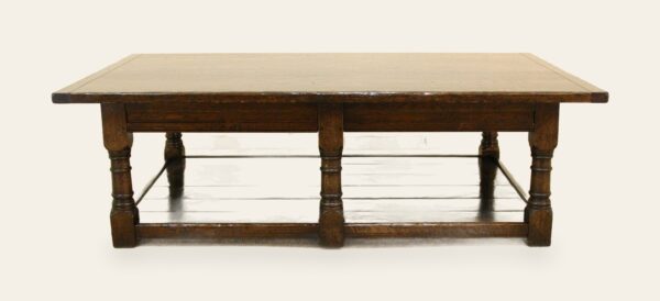 Six leg coffee table with potboard, front view — handmade by Bryn Hall in Suffolk