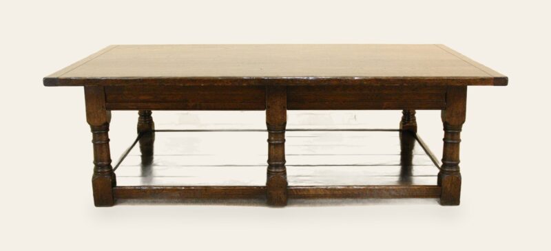 Six leg coffee table with potboard, front view — handmade by Bryn Hall in Suffolk