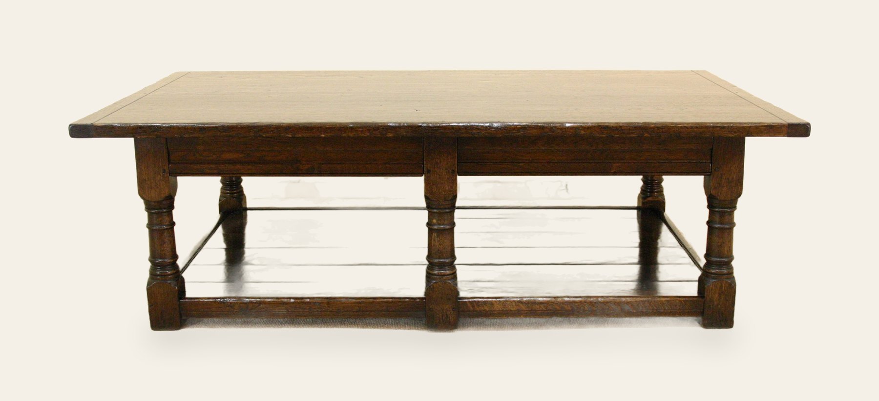 Six leg coffee table with potboard, front view — handmade by Bryn Hall in Suffolk