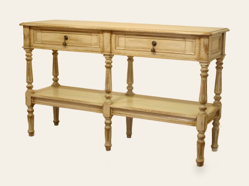 Six legged server rub though paint, angle view — handmade by Bryn Hall in Suffolk