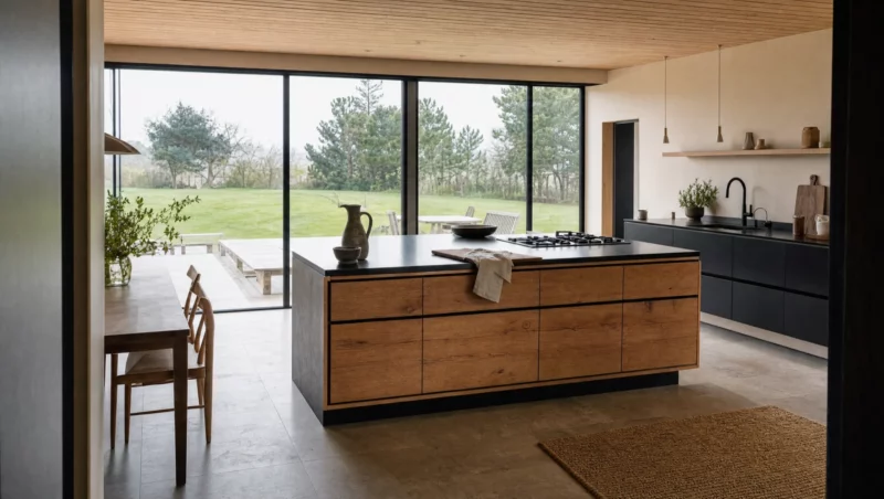 A Scandi kitchen in oak with matt black, by Square & True