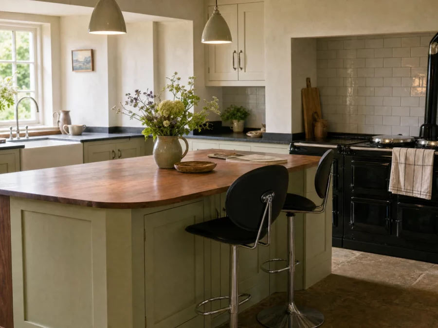 A hand-painted in-frame Suffolk kitchen with a walnut island, by Square & True