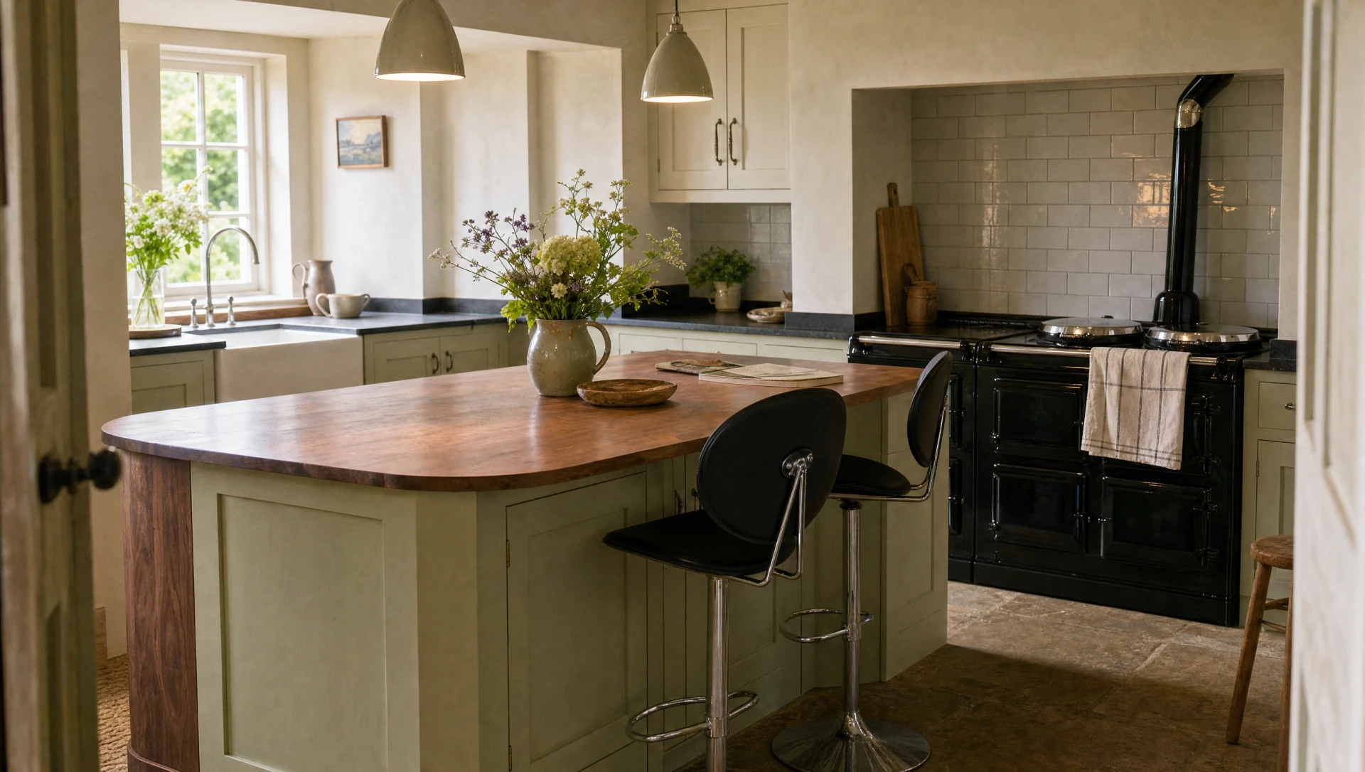 A hand-painted in-frame Suffolk kitchen with a walnut island, by Square & True