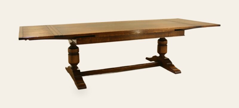 Turned bulbous drawleaf table, angle view — handmade by Bryn Hall in Suffolk
