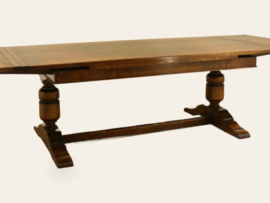 Turned bulbous drawleaf table, angle view — handmade by Bryn Hall in Suffolk