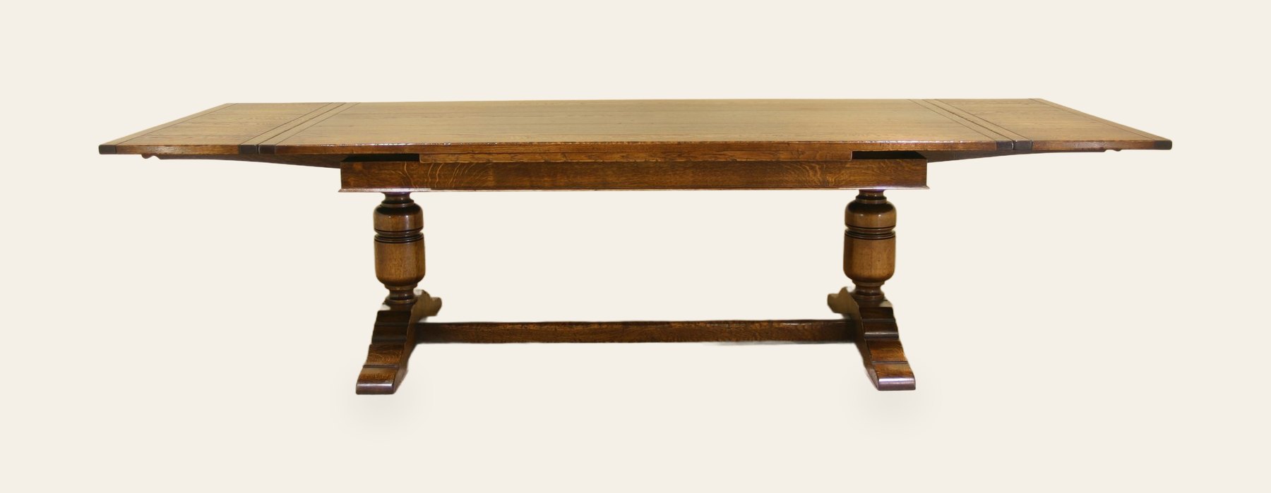 Turned bulbous drawleaf table, side view — handmade by Bryn Hall in Suffolk