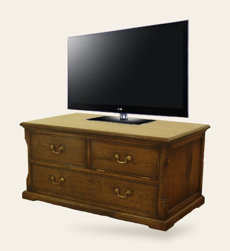 Tv stand dvd drawer with two drop down fronts above — handmade by Bryn Hall in Suffolk
