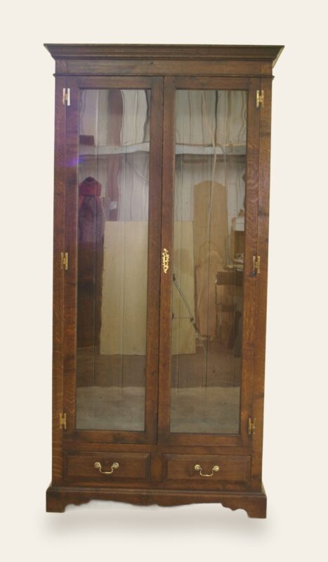 Two door drawers tall glazed cabinet, front view — handmade by Bryn Hall in Suffolk