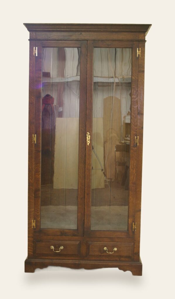 Two door drawers tall glazed cabinet, front view — handmade by Bryn Hall in Suffolk
