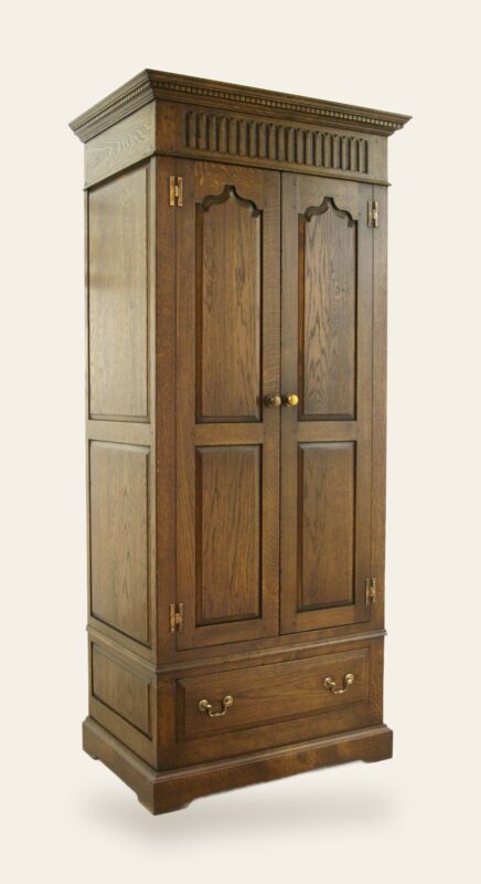 Two door no style carved wardrobe 931sp, angle view — handmade by Bryn Hall in Suffolk
