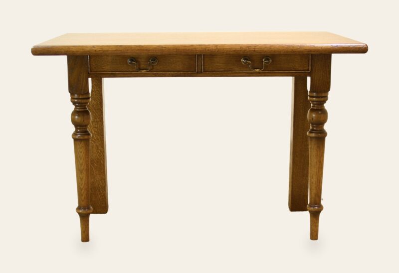 Two drawer hall table turned front legs, front view — handmade by Bryn Hall in Suffolk