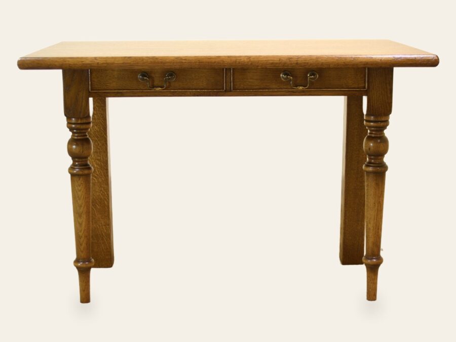 Two drawer hall table turned front legs, front view — handmade by Bryn Hall in Suffolk