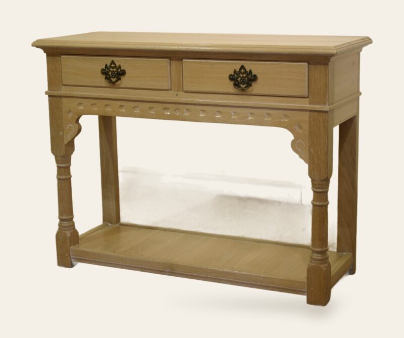 Two drawer side table with carving limed oak, view 1 — handmade by Bryn Hall in Suffolk