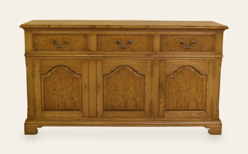 Veneered door and drawer fronts three door drawers dresser base with burr oak top front vi — handmade by Bryn Hall in Suffolk