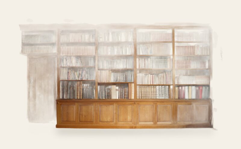 Very large fitted oak bookcase, view 1 — handmade by Bryn Hall in Suffolk