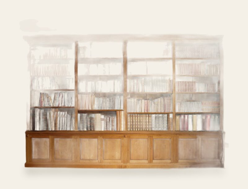 Very large fitted oak bookcase, view 3 — handmade by Bryn Hall in Suffolk