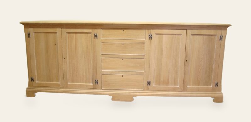 Windrush dresser base four doors and row of four drawers limed oak, front view — handmade by Bryn Hall in Suffolk