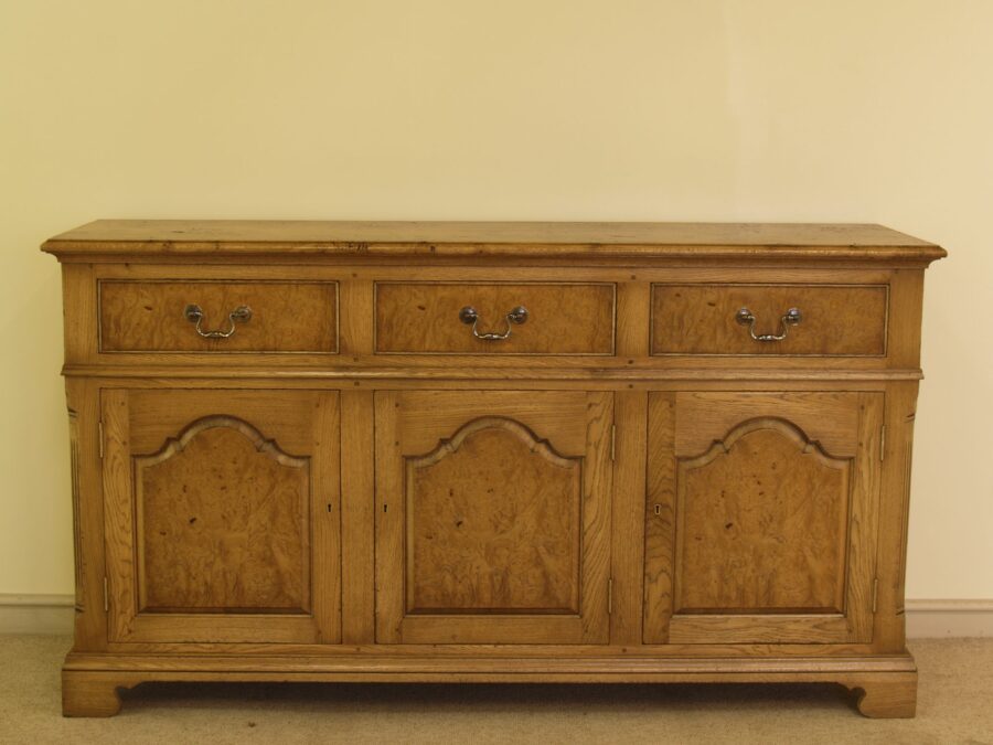 Veneered door and drawer fronts three door drawers dresser base with burr oak top front vi — handmade by Bryn Hall in Suffolk