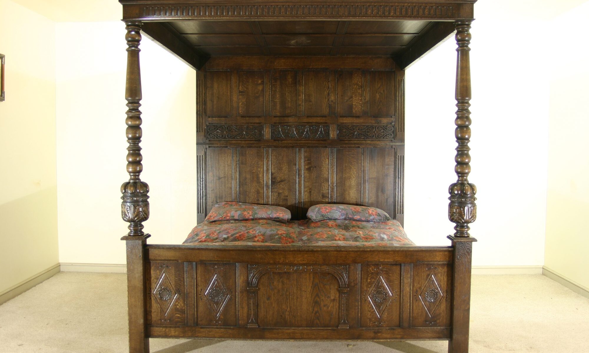 Carved four poster bed 961 view one — handmade by Bryn Hall in Suffolk