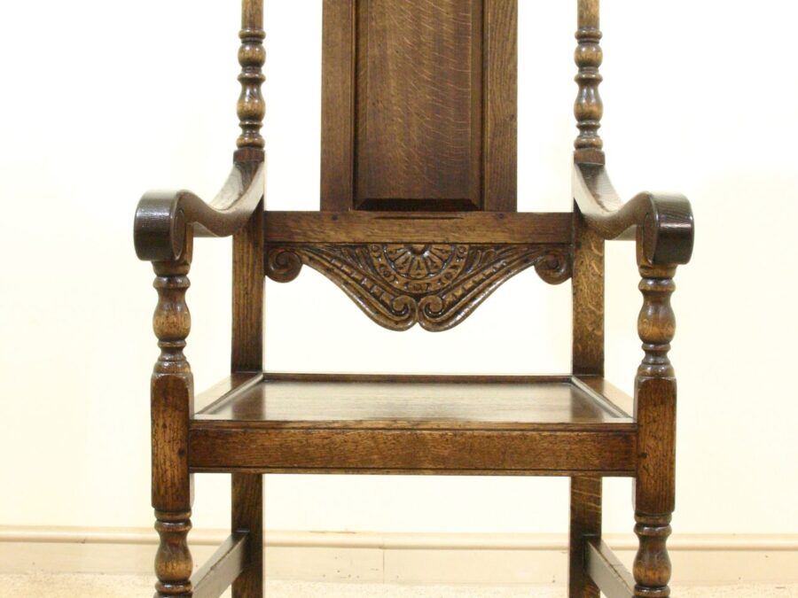 Carved panel back carver chair 525, front view — handmade by Bryn Hall in Suffolk