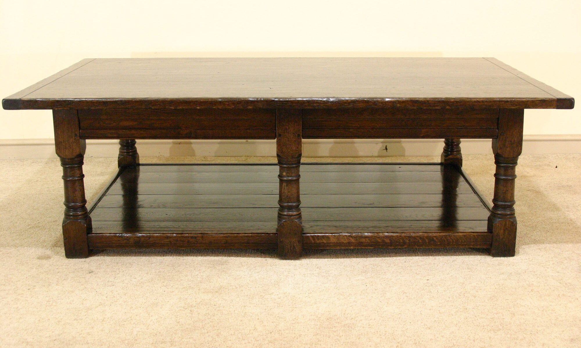 Six leg coffee table with potboard, front view — handmade by Bryn Hall in Suffolk