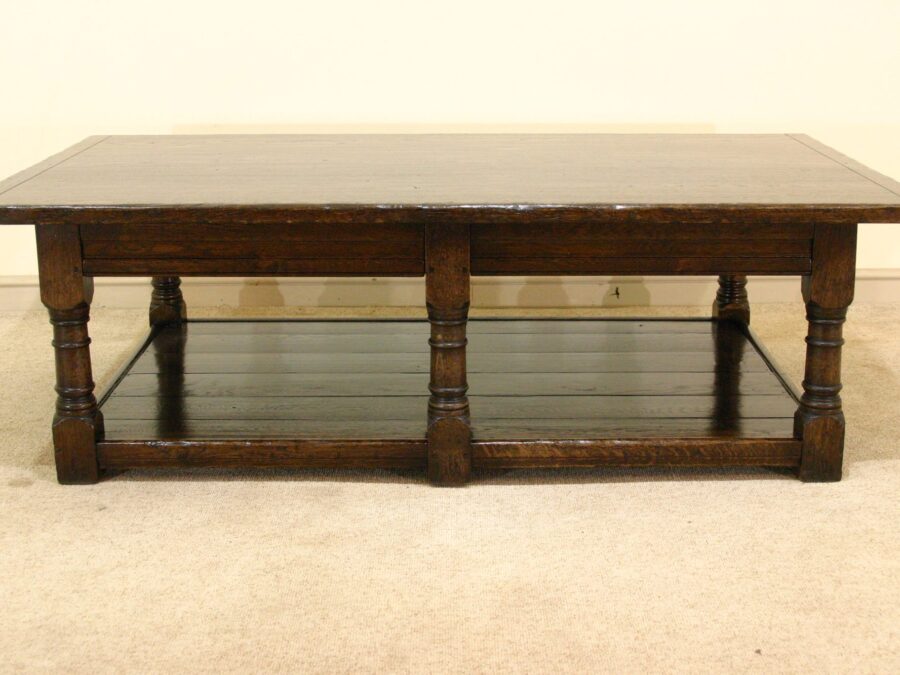 Six leg coffee table with potboard, front view — handmade by Bryn Hall in Suffolk