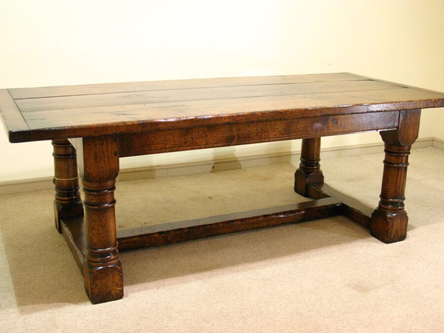 Character oak refectory table 303c, angle view — handmade by Bryn Hall in Suffolk