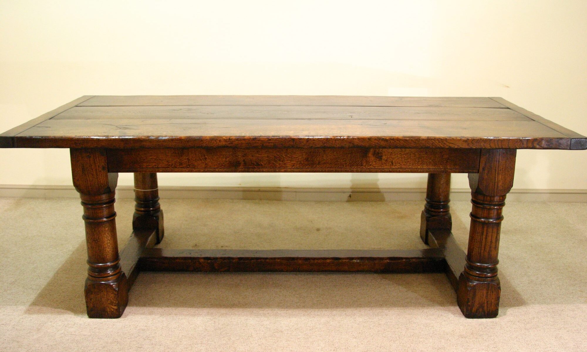 Character oak refectory table 303c side on view — handmade by Bryn Hall in Suffolk