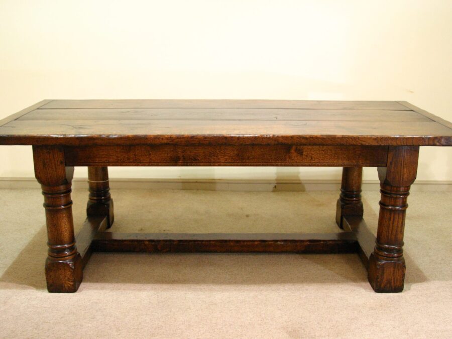 Character oak refectory table 303c side on view — handmade by Bryn Hall in Suffolk
