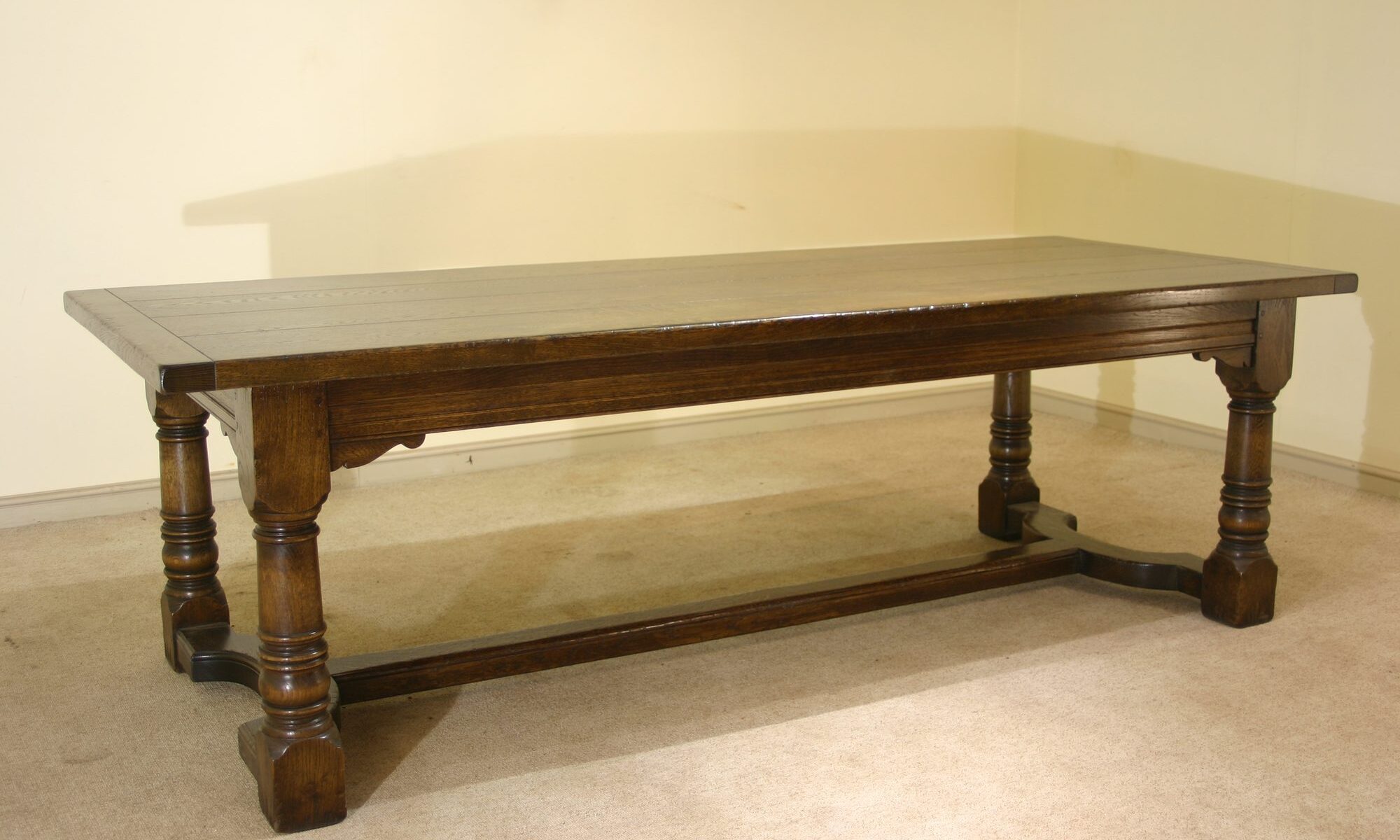 Four planked top refectory table bryn hall 303, angle view — handmade by Bryn Hall in Suffolk