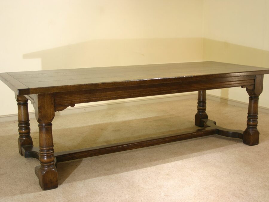 Four planked top refectory table bryn hall 303, angle view — handmade by Bryn Hall in Suffolk