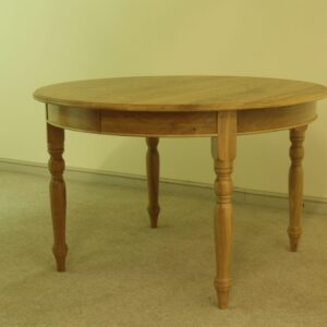 Round kitchen table with two leaves 314a, angle view — handmade by Bryn Hall in Suffolk